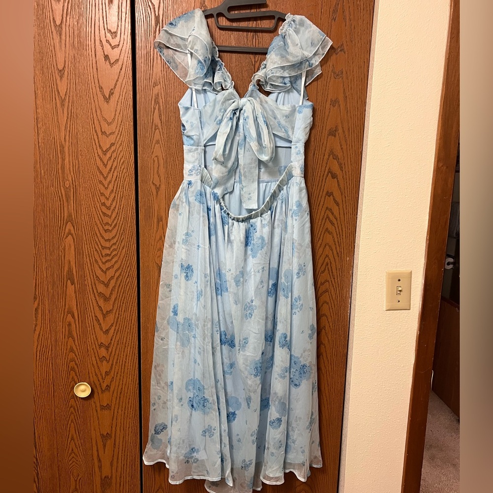 NWT Light Blue Lulus Loveliest Darling Dress XL Floral Ruffled Tie-Back Midi - Picture 13 of 16